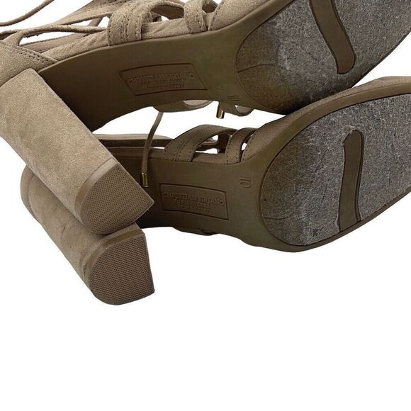 Christian Siriano Block Heel Strappy Round Toe Suede Shoe Tan 4" Women's Size 10 - Picture 6 of 7
